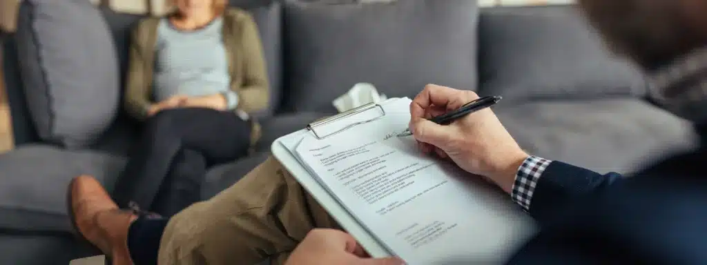 therapist taking notes during a solution-focused therapy session at Alter Behavioral Health helping client set small goals for emotional growth and healing