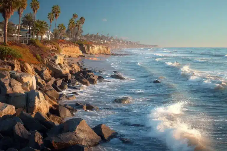 Rocky shoreline and palm-lined cliffs at Solana Beach during golden hour with calm ocean waves.