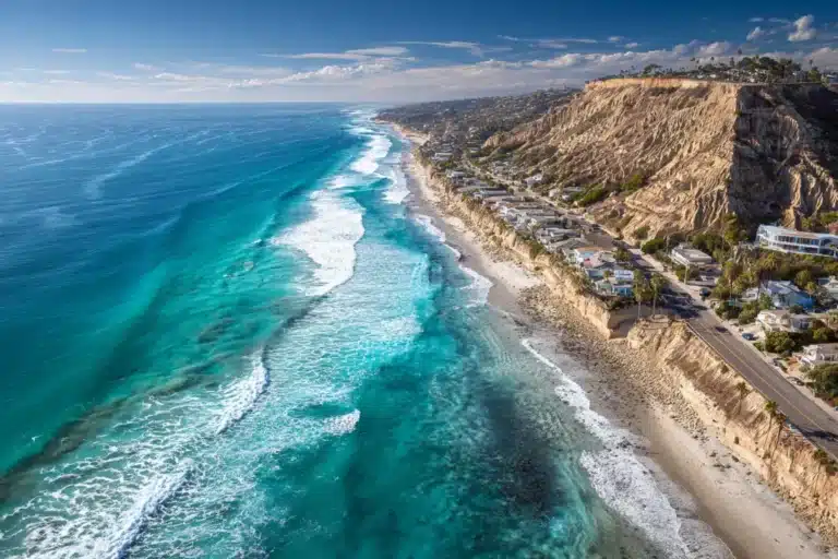 Aerial view of Solana Beach, California, showing turquoise ocean waves, coastal cliffs, and beachfront homes along the Pacific Coast Highway.