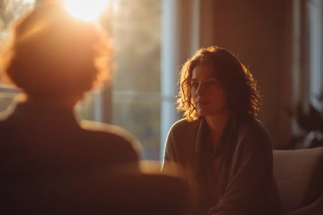 Therapist and client having a warm, empathetic conversation during a counseling session in soft natural light.