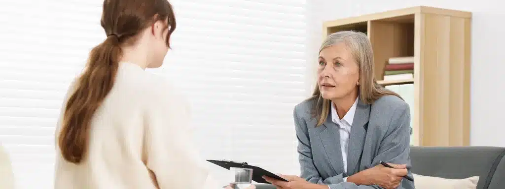 Therapist talking with a patient in a calm setting focused on eating disorder recovery and healing.