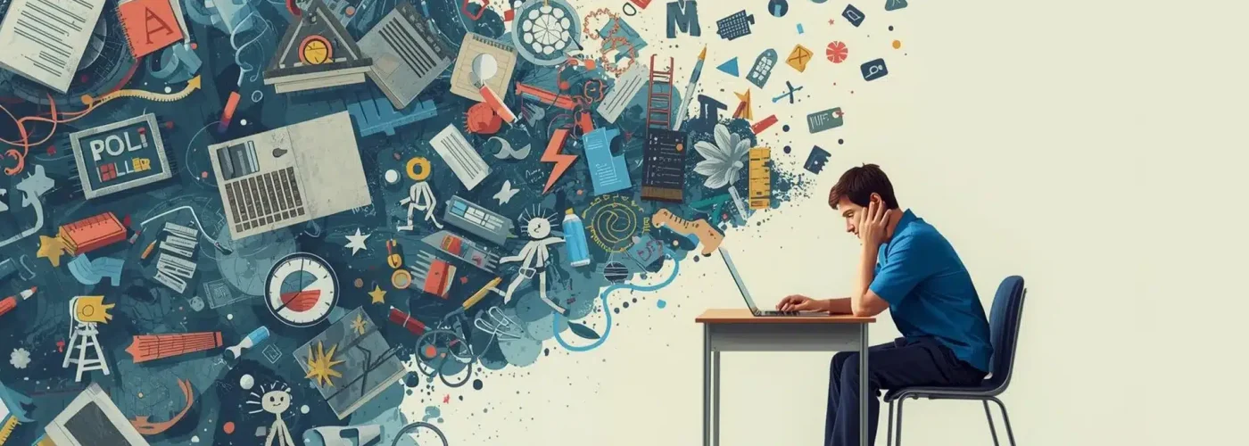 Employee sitting at a desk, appearing overwhelmed by multiple tasks, representing the challenges people with ADHD face in a work environment.